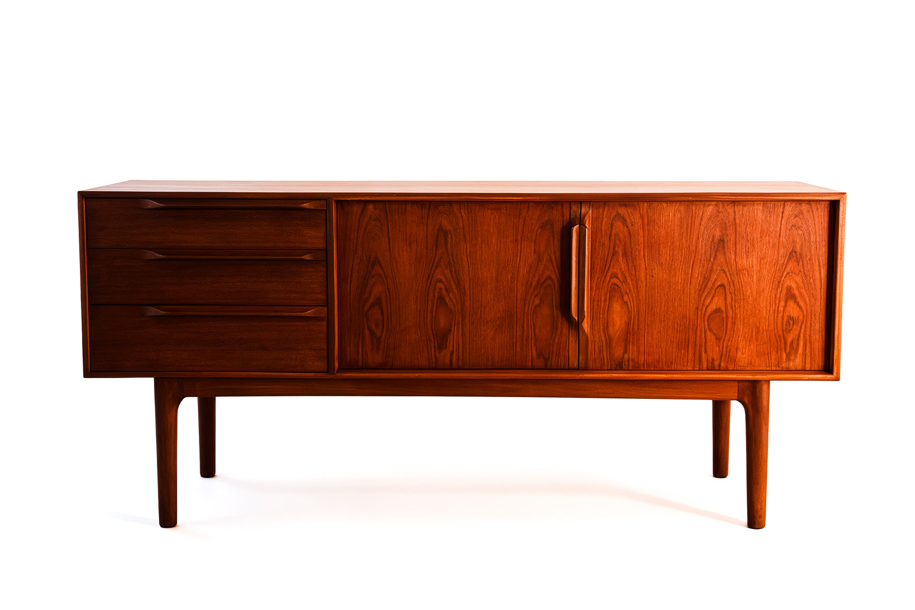 Buffet bas en bois veiné, trois tiroirs et deux portes, sur fond blanc.