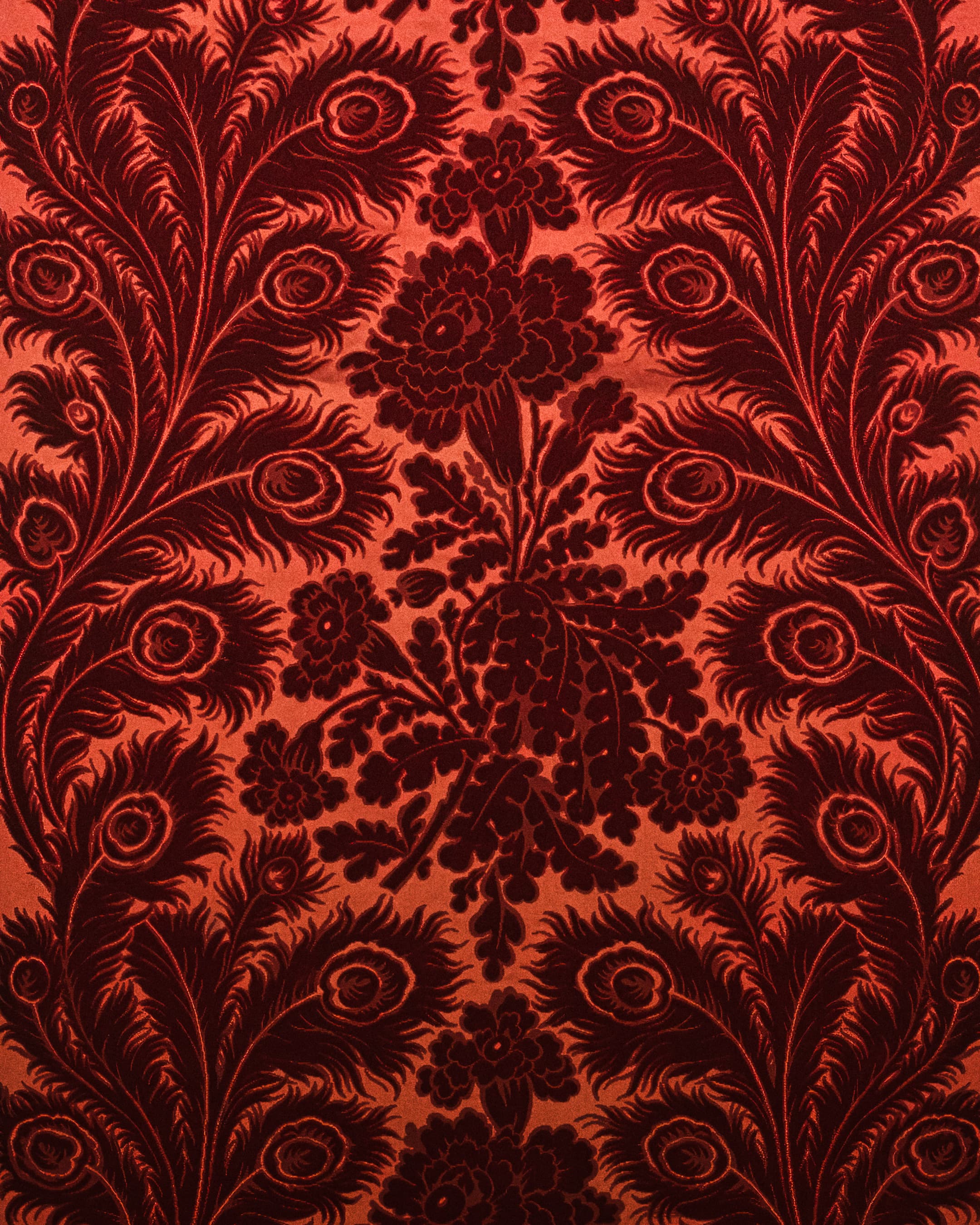 Velours de soie rouge, coupé et bouclé, tissé de plumes de paon et de fleurs.